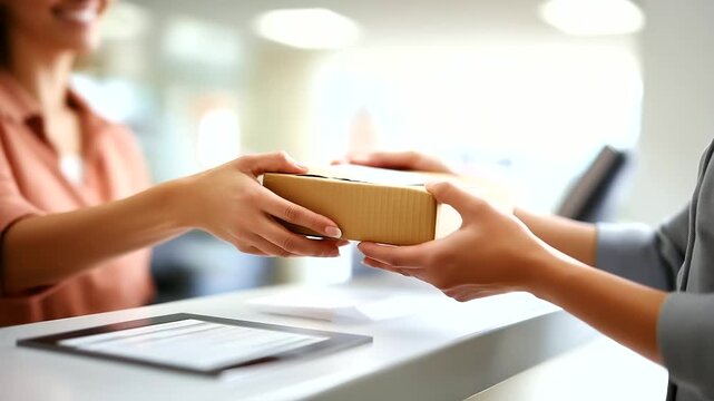 Faceless torso only of a courier handoff neutral parcel exchanged over a reception counter directory board defocused soft overhead light right margin clear faceless package