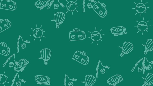 4k stock | Green background with white pattern drawings of travel icons. Perfect for travel websites.