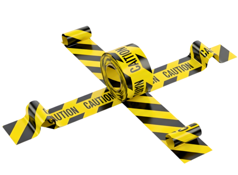 Yellow and black caution tape forming an x shape isolated on transparent background