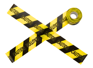 Yellow and black caution tape rolled and crossed isolated on transparent background