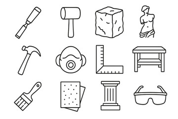 Fototapeta premium Sculpture Tools Icons. Line style icons of Creative Sculpture: Chisel, Mallet, Rough Block, Finished Figure; Hammer, Dust Mask,