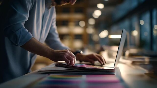 Faceless side angle of a professional placing color swatches beside a laptop brand safe palette strips studio shelving defocused soft top light composition leaves upper third