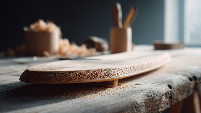 Detailed shot of a carved wooden board on a rustic workbench. Craftsmanship, skill, and the beauty of handmade objects are highlighted. Ideal for DIY or artisanal themes.