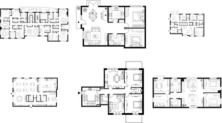 Collection of six different architectural floor plans