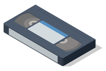 An isometric illustration of a classic VHS video cassette tape, a vintage medium for movie and video record, symbolizing retro media and 80s-90s technology