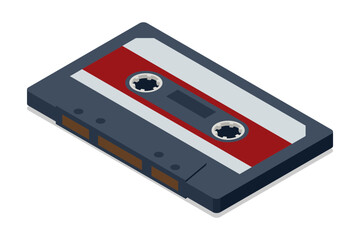 An isometric illustration of a compact audio cassette tape, a classic retro music format, representing 80s sound and obsolete music technology
