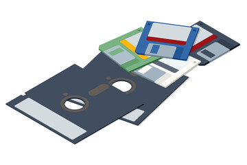 An isometric set of 3.5-inch floppy diskettes, a key piece of vintage computer hardware, symbolizing retro data storage and old digital technology