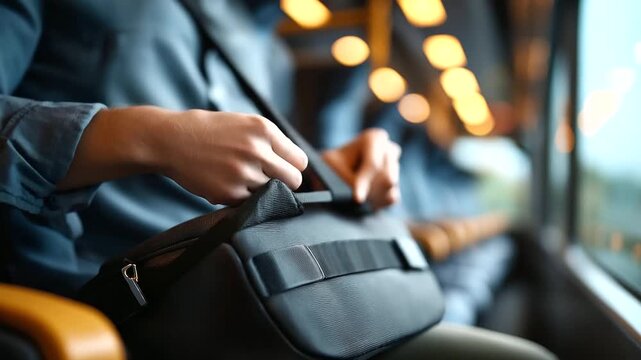 Faceless torso shot of a person fastening a seat belt on a train seat with a laptop bag on lap carriage lights defocused warm cool mix clean upper band faceless business trave