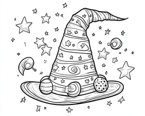 Colorful witch hat surrounded by stars.