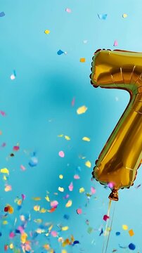 Two golden balloons shaped as the numbers 27 against a blue background, confetti falling