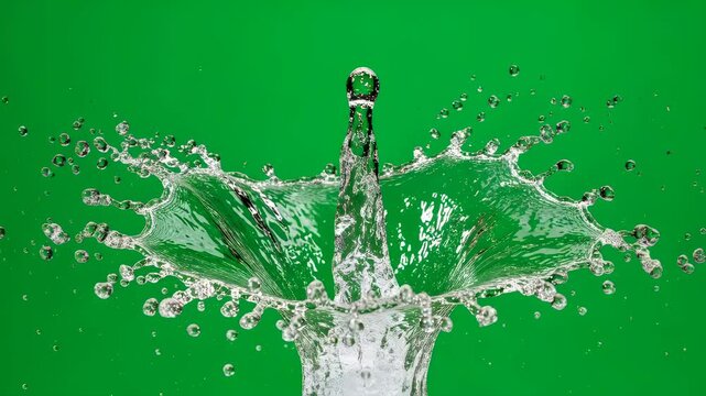 High speed water splash on green background. Liquid crown action with droplet and splatter effect for chromakey video.