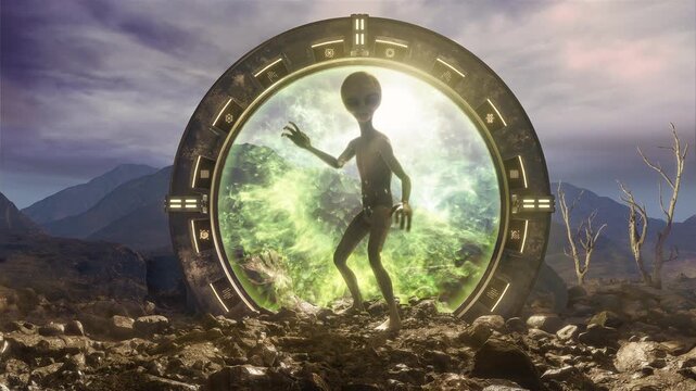 A Grey Alien alone in a rocky desert landscape with panoramic mountain and sky background details with a pulsating energetic ancient portal.
