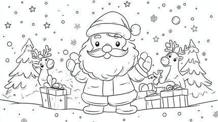 Cheerful Santa with gifts and reindeer in winter.