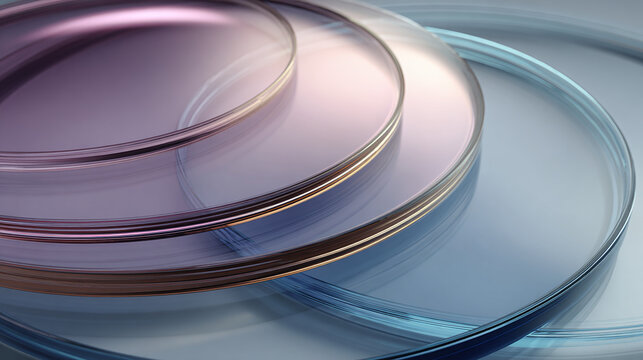Abstract image of overlapping glass petri dishes with vibrant gradient colors, ideal for scientific or healthcare themes. The transparent glass creates beautiful light reflections.