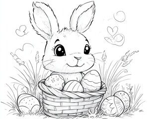 Cute bunny with basket of colorful easter eggs
