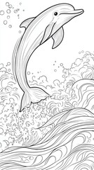 Dolphin jumping over waves in black and white.