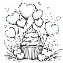 Cupcake with heart balloons and floral accents.