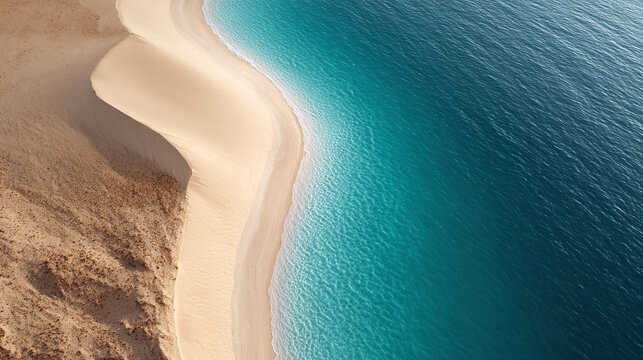 Aerial view of a stunning beach. Turquoise water meets soft sand dunes, creating a serene  minimalist landscape. Ideal for travel, nature, or environmental themes. - Powered by Adobe