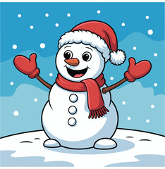 Cheerful snowman cartoon character with hat and scarf for winter holiday season celebration design element