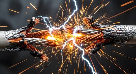 Electrical cable exploding with sparks and electricity, damaged wire, danger hazard.