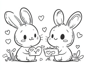 Cute bunnies exchanging love hearts in a drawing.