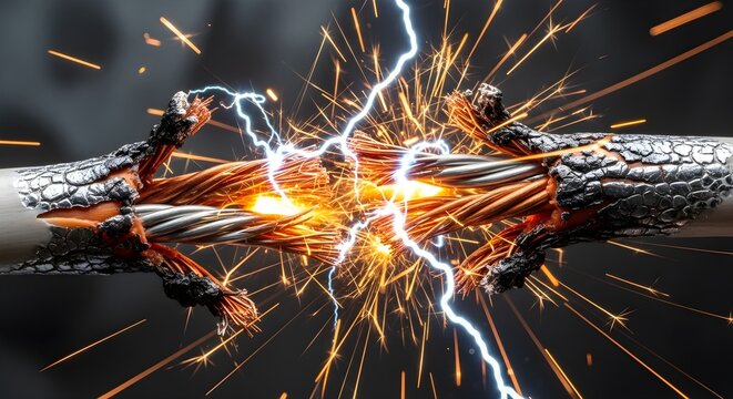 Electrical cable exploding with sparks and electricity, damaged wire, danger hazard.