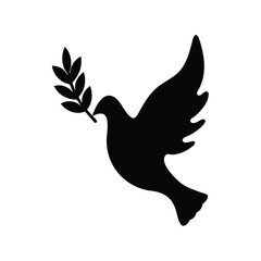 Fototapeta premium A black silhouette of a dove holding an olive branch in flight