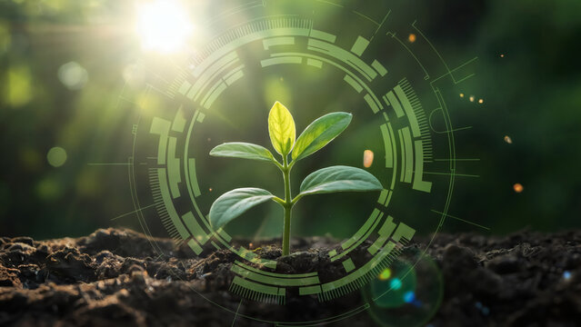 Young plant sprouts with digital interface overlay symbolizing growth and sustainable technology