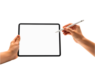 Hands holding and writing on a blank tablet screen isolated on transparent background