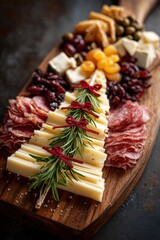 Charcuterie board shaped as Christmas tree with meats, cheeses, fruits, nuts, rosemary garlands, star topper. Elegant holiday snack platter, creative festive grazing vibe.