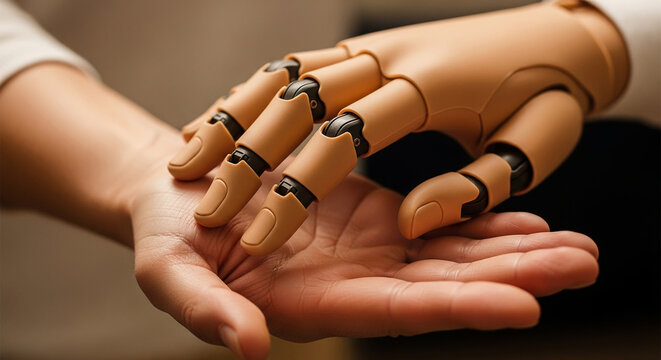 Close-up of a prosthetic hand gently resting on a human hand, symbolizing connection and advanced technology