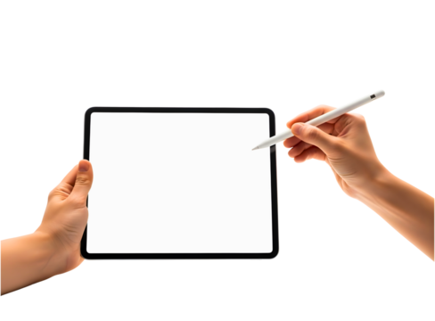 Hands holding and writing on a blank tablet screen isolated on transparent background