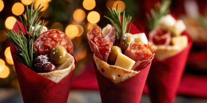 Gourmet charcuterie cones filled with assorted cheeses, olives, cured meats and rosemary sprigs, wrapped in elegant red paper, served at a holiday market. - Powered by Adobe