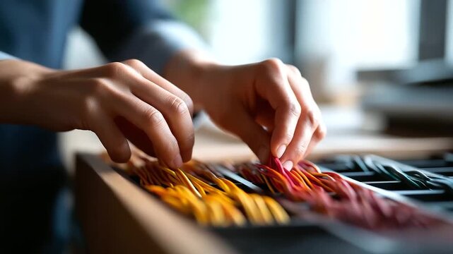 Faceless side angle of fingers sorting color coded cables into a drawer organizer background storage defocused tactile matte surfaces negative space above faceless cable