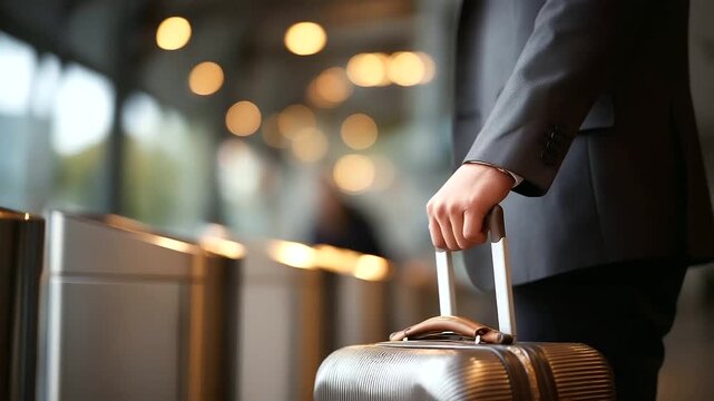 Faceless half body of a person rolling suitcase past turnstiles access gates and light bars defocused into geometric bokeh neutral travel suit composition with left negative