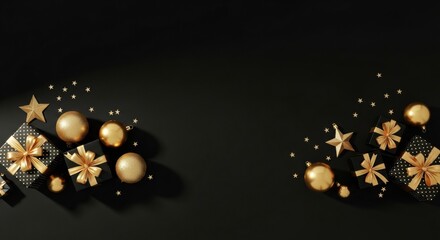 Fototapeta premium Luxurious black and gold Christmas background with gift boxes, stars, and glossy ornaments