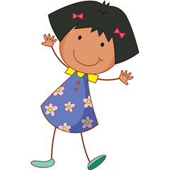 Cartoon Child Girl With Dark Hair Wearing Blue Dress with Pink Flowers And Yellow Collar Waving Hello With A Smile