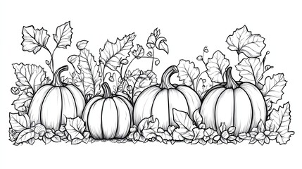 Stylized pumpkins among lush green foliage.