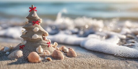 Sand Christmas tree adorned with seashells and red ribbon bows on sunny tropical beach with ocean waves. Whimsical coastal holiday craft, relaxed seaside festive vibe.
