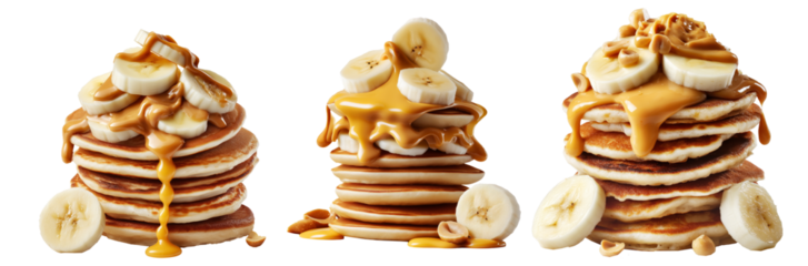 Stack of pancakes topped with banana slices and peanut butter splash isolated on white transparent background