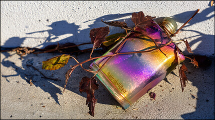 shards. Shattered sunscreen bottle refracting prismatic light with dark vines emerging through cracks. bar promotions, beverage menus, designed for product packaging and bar promotions.