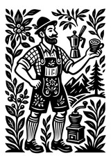 Adventurer Holding Coffee Cup in Mountain Nature Scene Woodcut