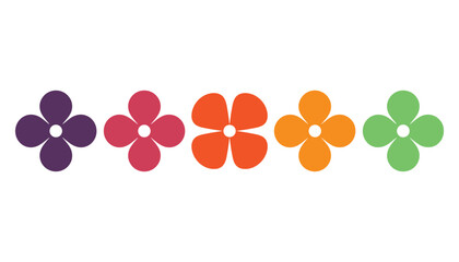Five colorful abstract flower shapes arranged in a horizontal line on a white background graphic