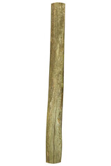 Old cracked wooden fence post with rough bark is isolated.