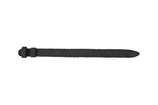 Narrow black leather strap with two keepers is isolated.