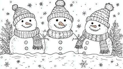 Hand-drawn snowmen in winter scenery.