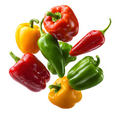 Vibrant Bell Peppers and Jalapeno in Mid-Air Isolated Image