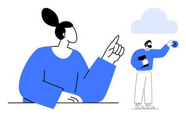Woman pointing toward collaboration as a man interacts with cloud technology. Ideal for teamwork, innovation, cloud computing, remote work, guidance, digital transformation, vision. A simple flat