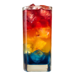 Vibrant Layered Cocktail with Ice Cubes in Tall Glass