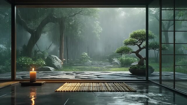 Serene Japanese Garden View from Traditional Interior with Candlelight and Bonsai. Virtual backgrounds loop animation for stream overlay, meditation, smooth jazz or white noise video. Cozy lo-fi backg